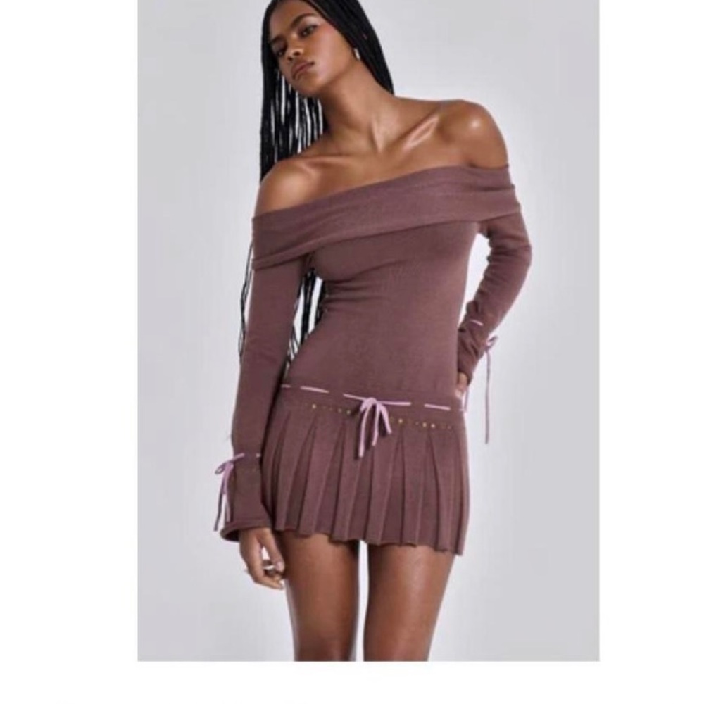 Jaded London Off-Shoulder Brown Sweater Dress